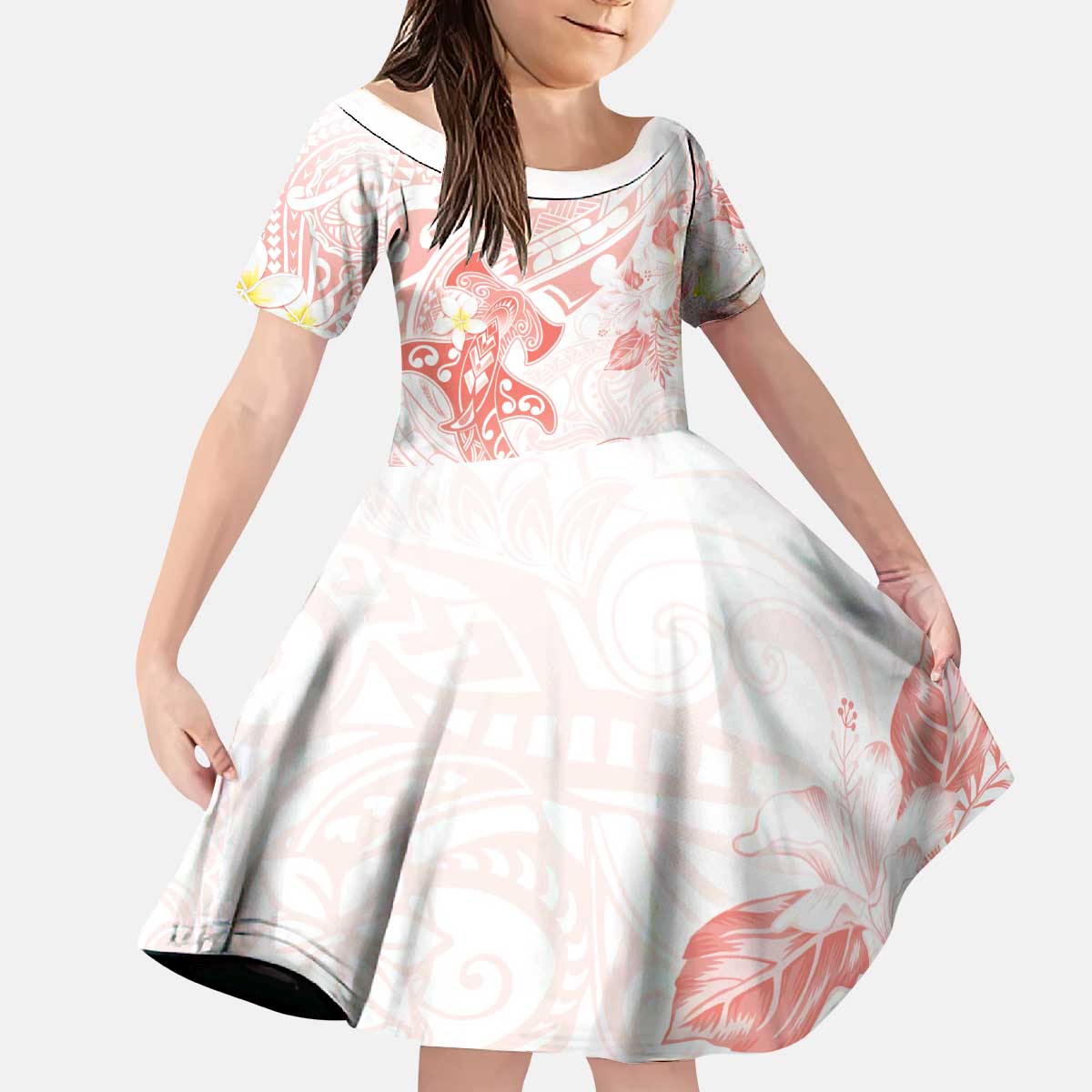 Polynesia Hammerhead Shark Kid Short Sleeve Dress Tropical Flowers Tribal Pattern Peach LT05 KID Peach - Polynesian Pride