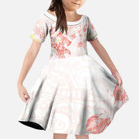 Polynesia Hammerhead Shark Kid Short Sleeve Dress Tropical Flowers Tribal Pattern Peach LT05 KID Peach - Polynesian Pride