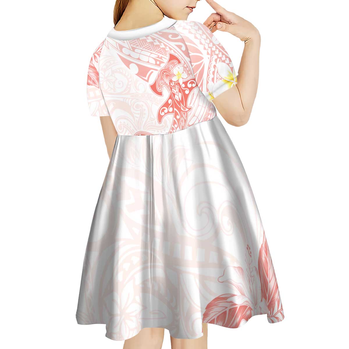 Polynesia Hammerhead Shark Kid Short Sleeve Dress Tropical Flowers Tribal Pattern Peach LT05 - Polynesian Pride