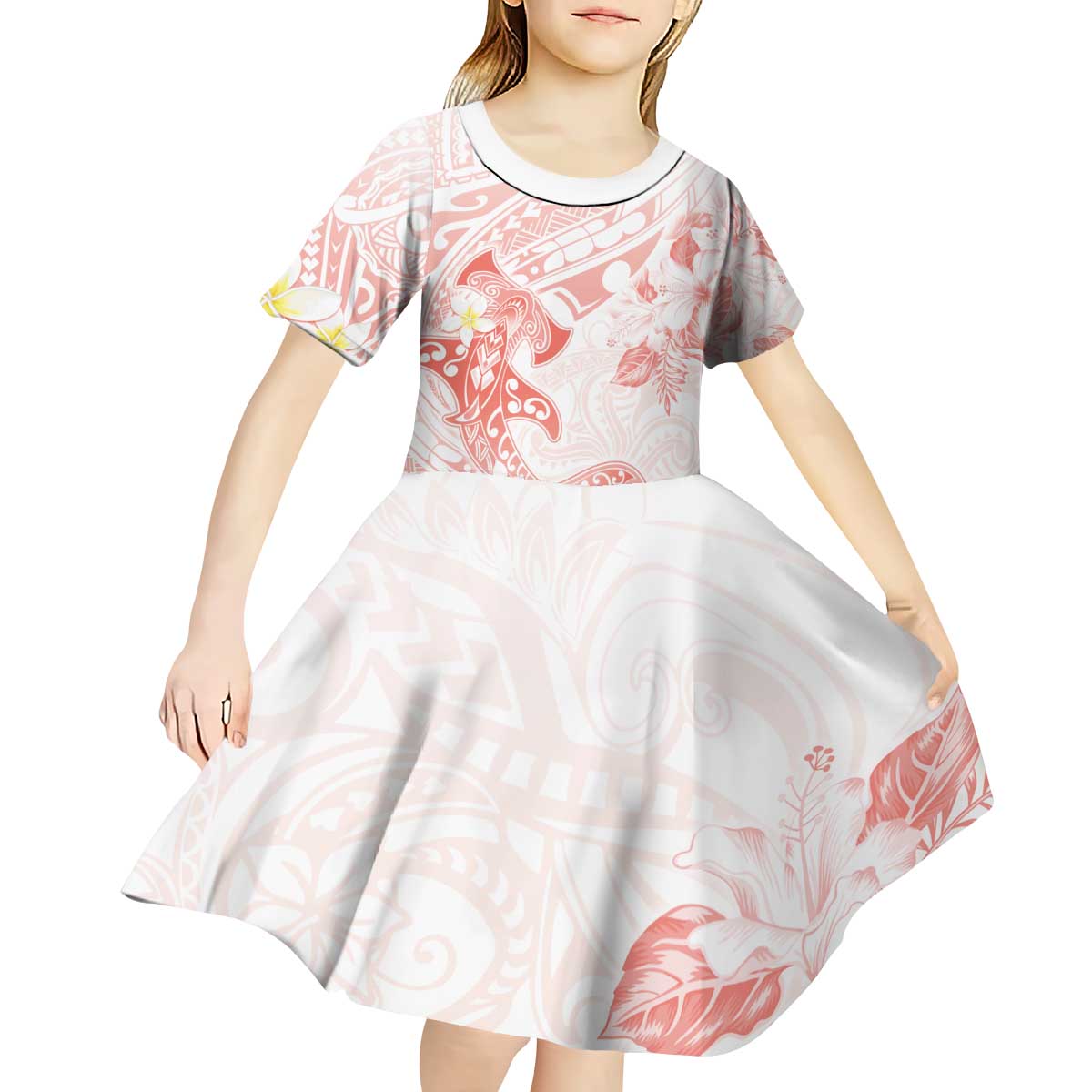 Polynesia Hammerhead Shark Kid Short Sleeve Dress Tropical Flowers Tribal Pattern Peach LT05 - Polynesian Pride