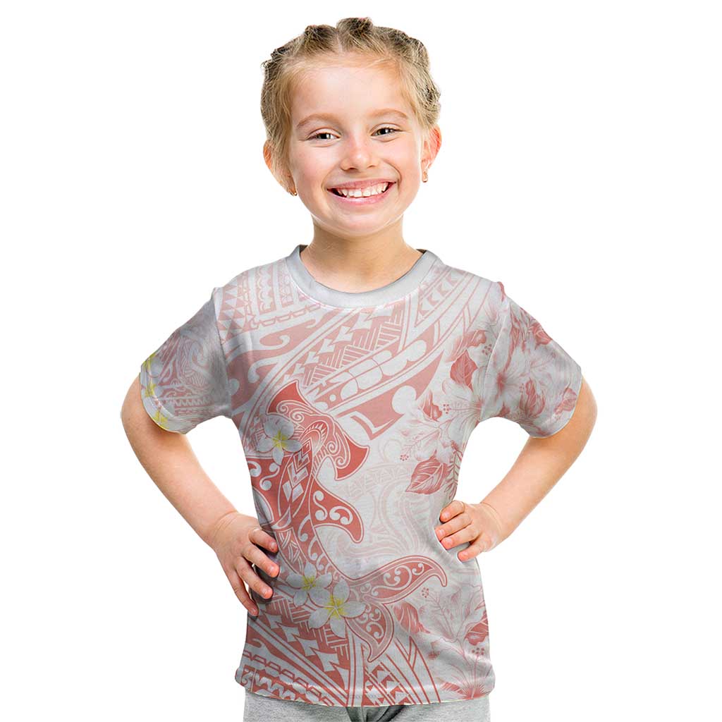 Polynesia Hammerhead Shark Kid T Shirt Tropical Flowers Tribal Pattern Peach LT05 Peach - Polynesian Pride