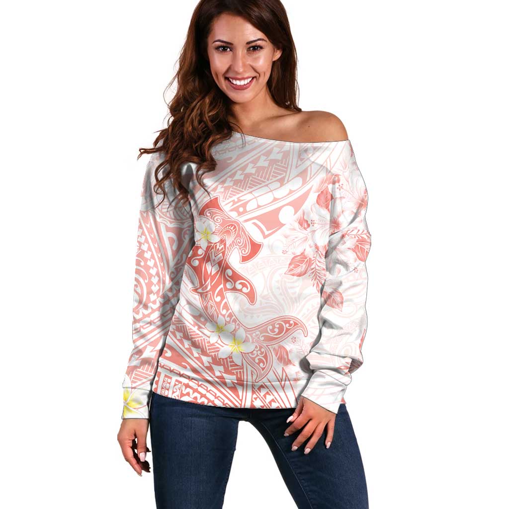 Polynesia Hammerhead Shark Off Shoulder Sweater Tropical Flowers Tribal Pattern Peach