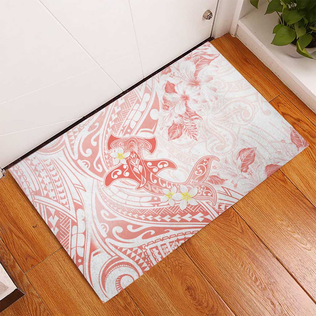 Polynesia Hammerhead Shark Rubber Doormat Tropical Flowers Tribal Pattern Peach LT05 - Polynesian Pride