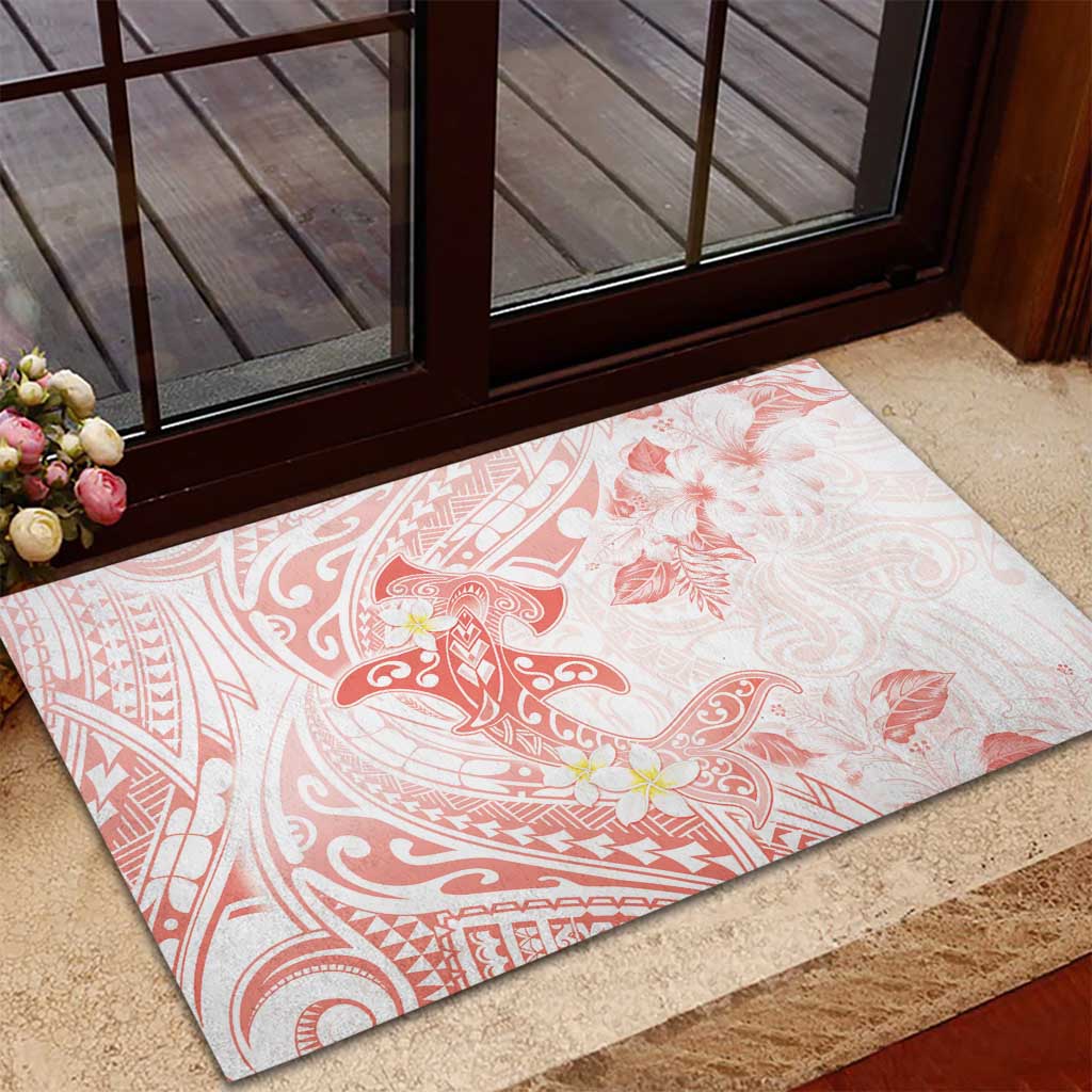 Polynesia Hammerhead Shark Rubber Doormat Tropical Flowers Tribal Pattern Peach LT05 - Polynesian Pride