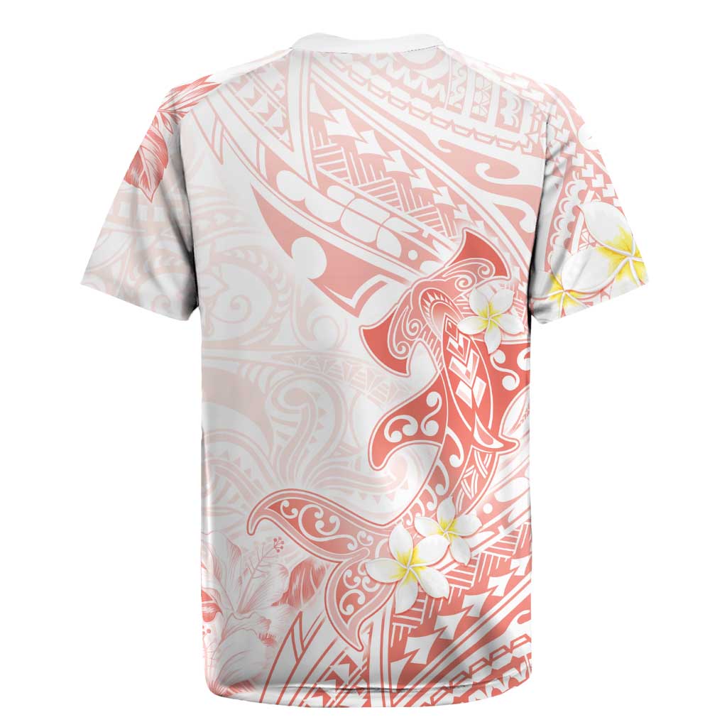 Polynesia Hammerhead Shark Rugby Jersey Tropical Flowers Tribal Pattern Peach