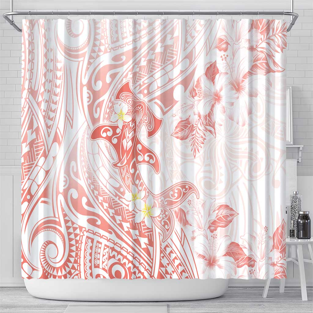Polynesia Hammerhead Shark Shower Curtain Tropical Flowers Tribal Pattern Peach LT05 - Polynesian Pride