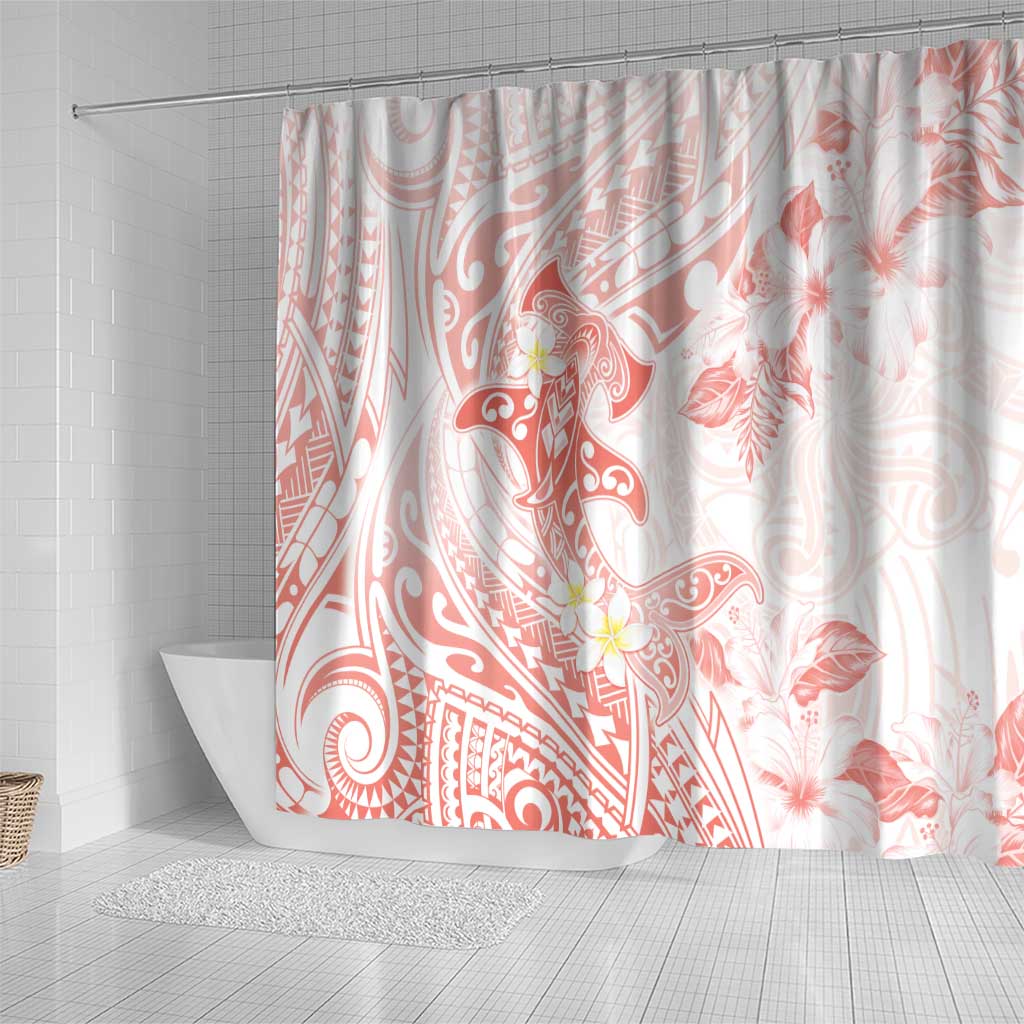 Polynesia Hammerhead Shark Shower Curtain Tropical Flowers Tribal Pattern Peach LT05 - Polynesian Pride