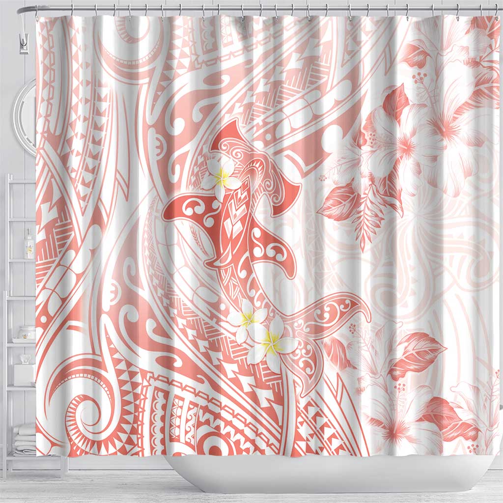 Polynesia Hammerhead Shark Shower Curtain Tropical Flowers Tribal Pattern Peach LT05 - Polynesian Pride