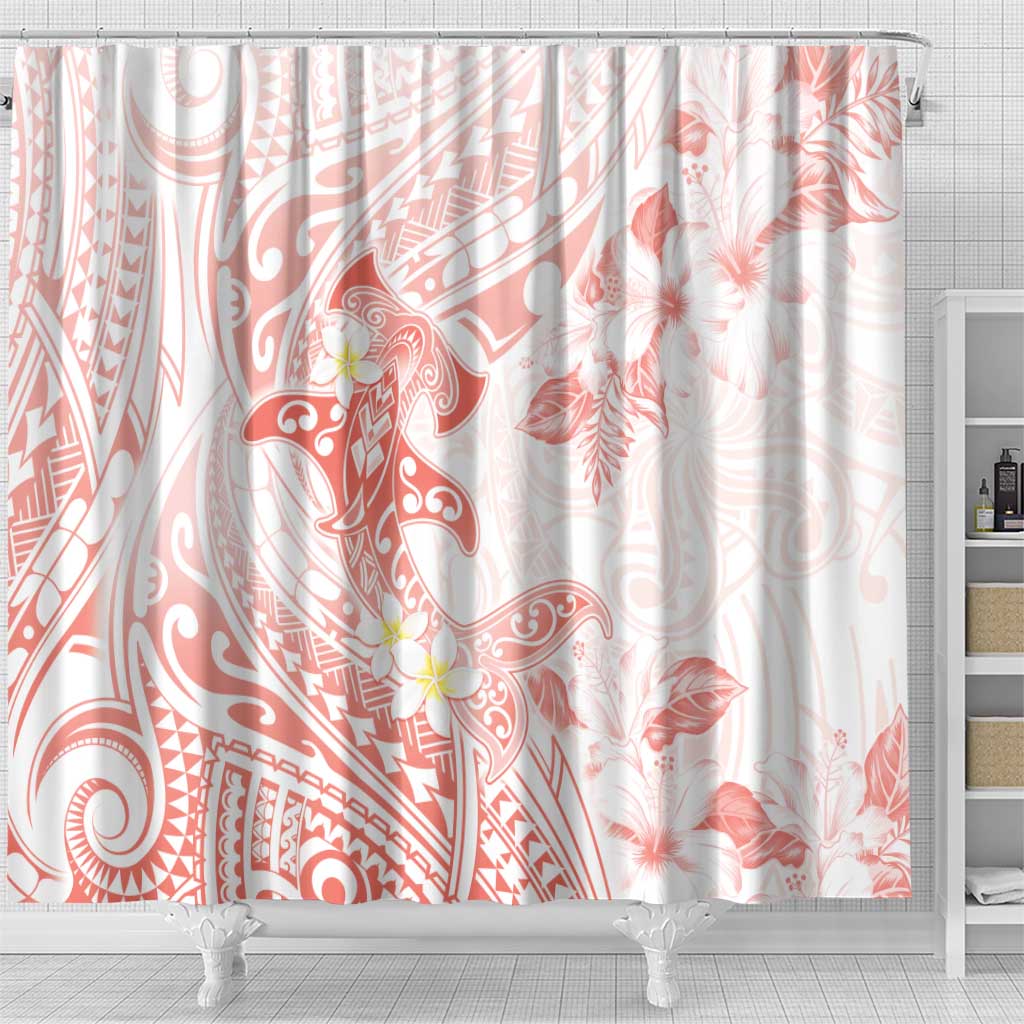 Polynesia Hammerhead Shark Shower Curtain Tropical Flowers Tribal Pattern Peach LT05 - Polynesian Pride