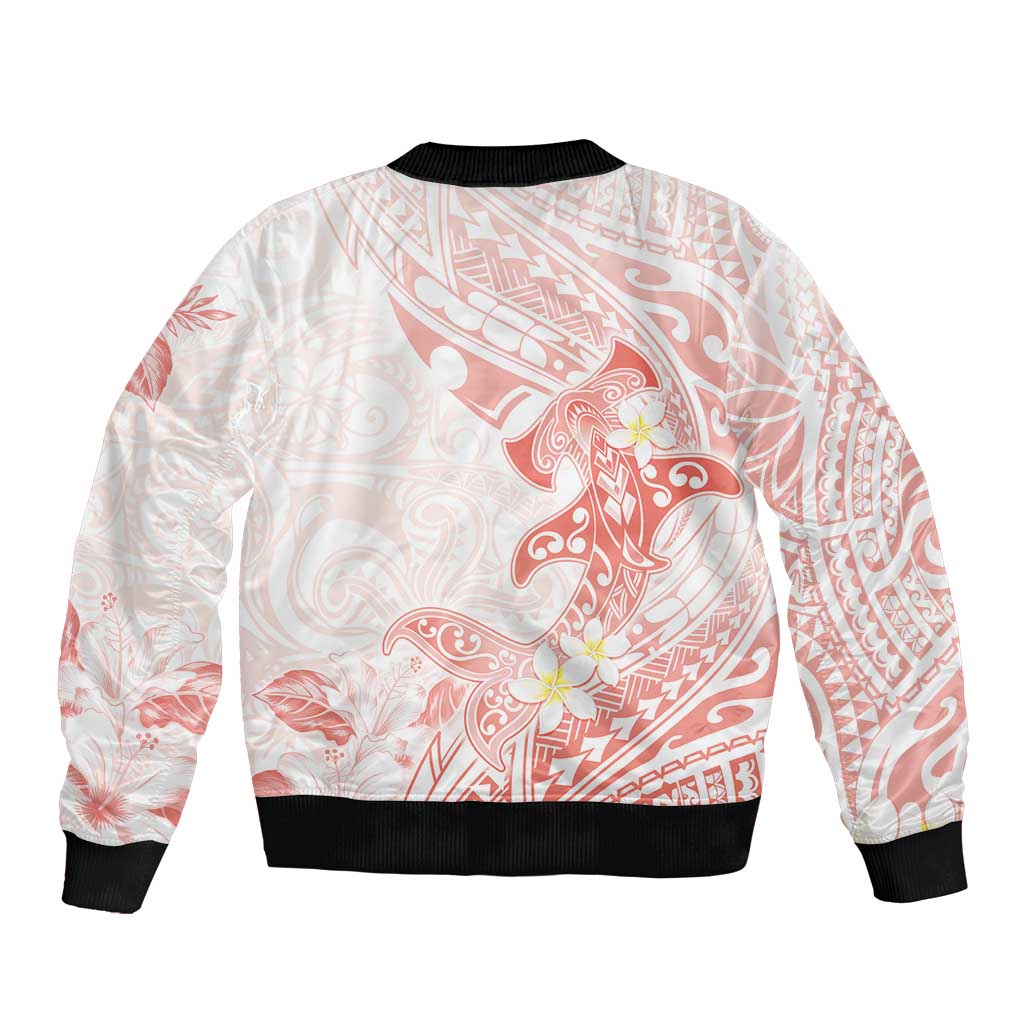 Polynesia Hammerhead Shark Sleeve Zip Bomber Jacket Tropical Flowers Tribal Pattern Peach