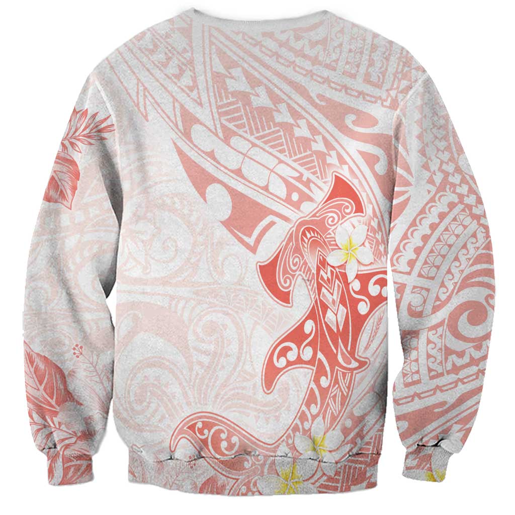 Polynesia Hammerhead Shark Sweatshirt Tropical Flowers Tribal Pattern Peach