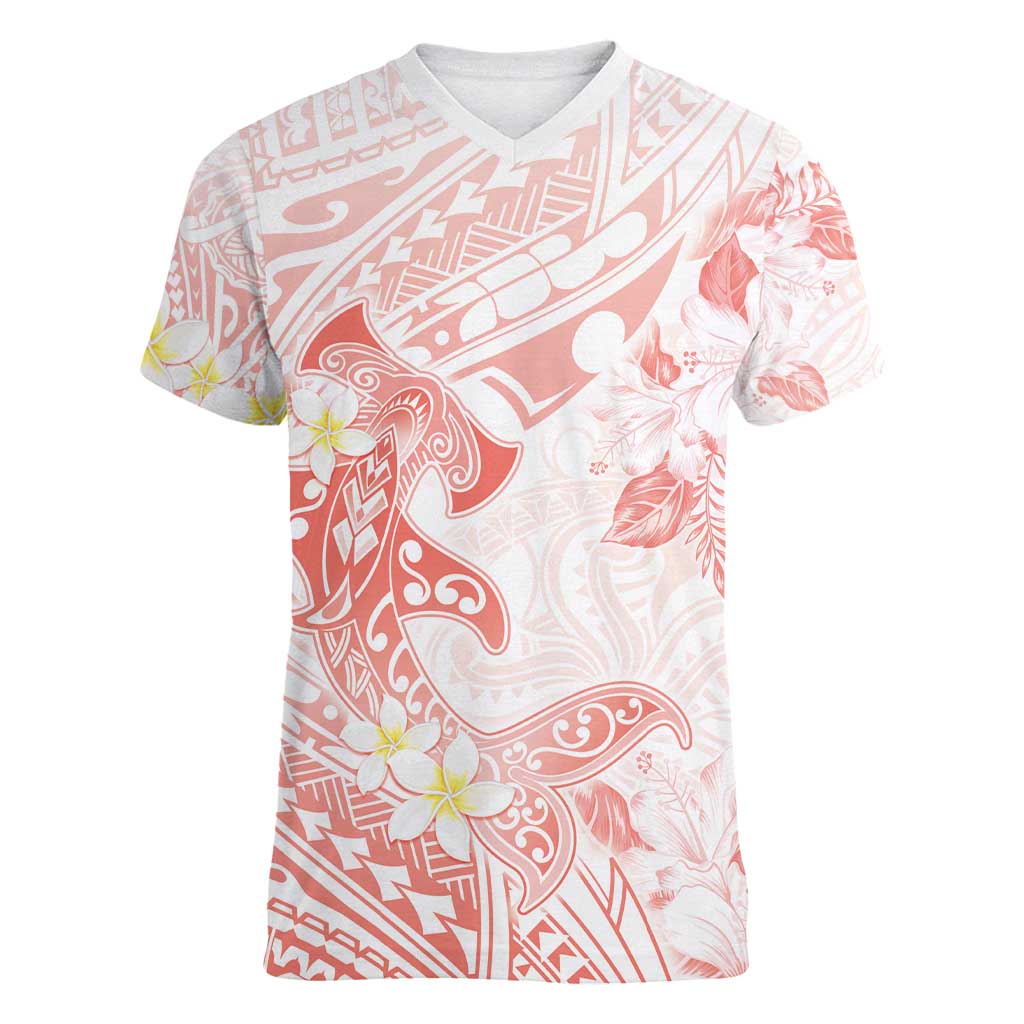 Polynesia Hammerhead Shark Women V-Neck T-Shirt Tropical Flowers Tribal Pattern Peach LT05 Female Peach - Polynesian Pride