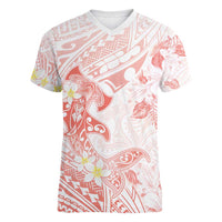 Polynesia Hammerhead Shark Women V-Neck T-Shirt Tropical Flowers Tribal Pattern Peach LT05 Female Peach - Polynesian Pride