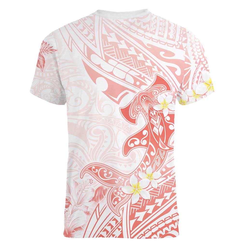 Polynesia Hammerhead Shark Women V-Neck T-Shirt Tropical Flowers Tribal Pattern Peach LT05 - Polynesian Pride