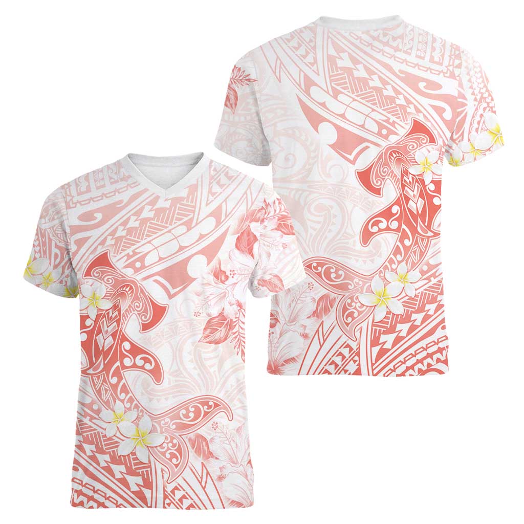 Polynesia Hammerhead Shark Women V-Neck T-Shirt Tropical Flowers Tribal Pattern Peach LT05 - Polynesian Pride