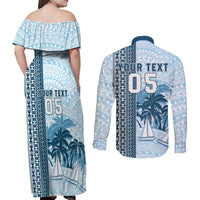 Custom Fiji Regatta Couples Matching Off Shoulder Maxi Dress and Long Sleeve Button Shirt Palm Tree Tapa Pattern - Polynesian Pride