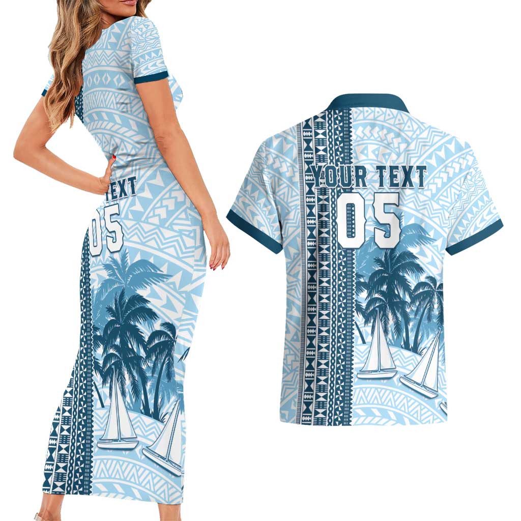 Custom Fiji Regatta Couples Matching Short Sleeve Bodycon Dress and Hawaiian Shirt Palm Tree Tapa Pattern - Polynesian Pride