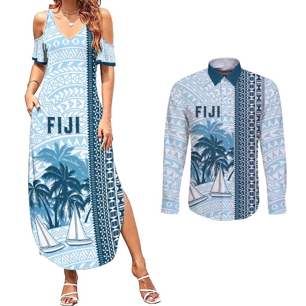 Custom Fiji Regatta Couples Matching Summer Maxi Dress and Long Sleeve Button Shirt Palm Tree Tapa Pattern - Polynesian Pride