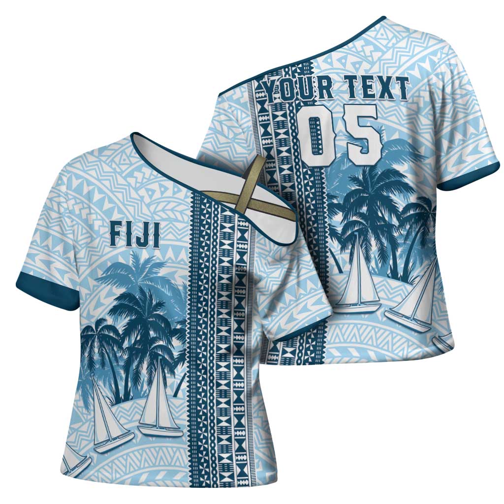 Custom Fiji Regatta Cross Shoulder Shirt Palm Tree Tapa Pattern - Polynesian Pride