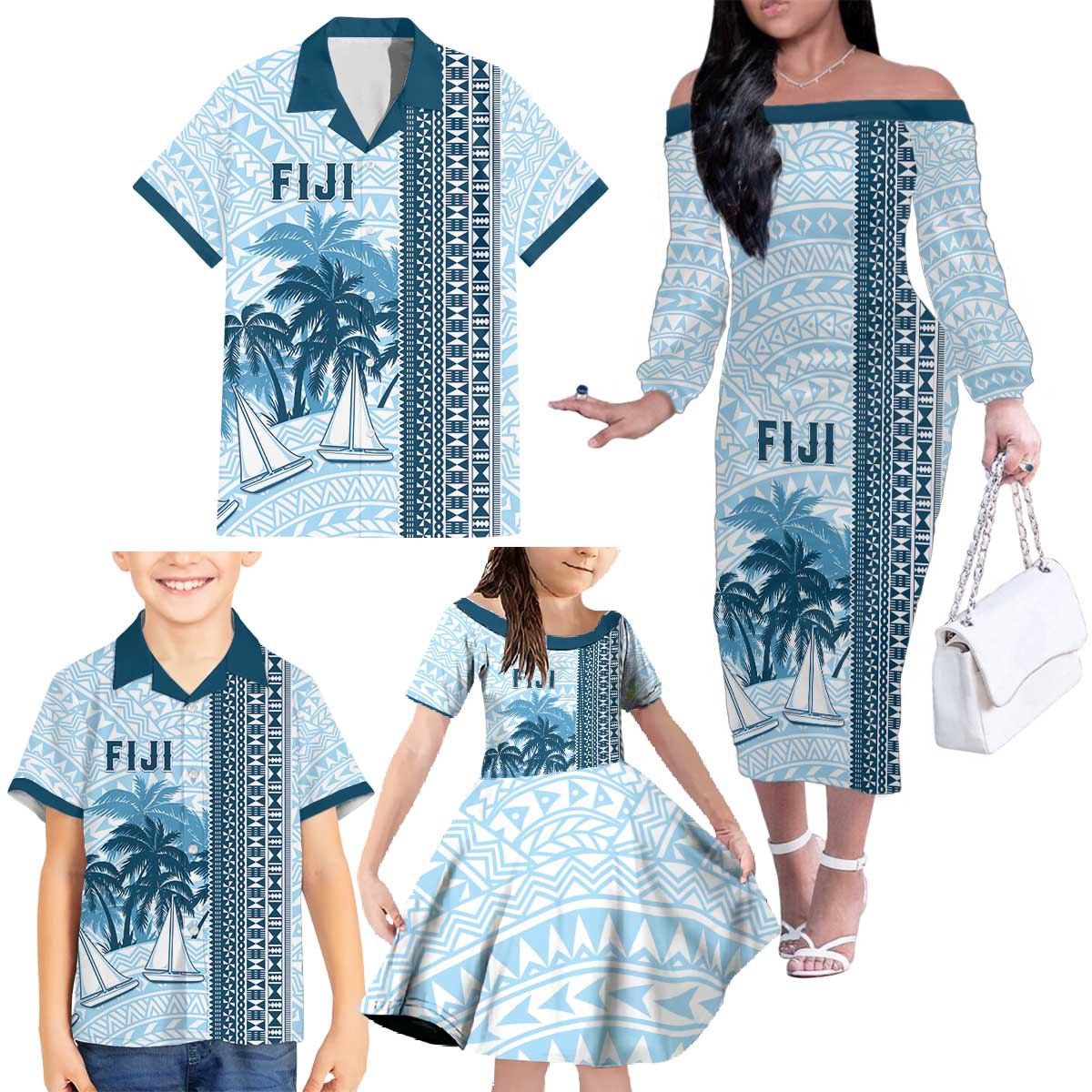 Custom Fiji Regatta Family Matching Off The Shoulder Long Sleeve Dress and Hawaiian Shirt Palm Tree Tapa Pattern - Polynesian Pride