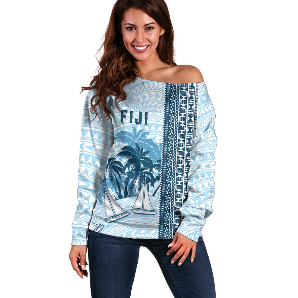 Custom Fiji Regatta Off Shoulder Sweater Palm Tree Tapa Pattern - Polynesian Pride