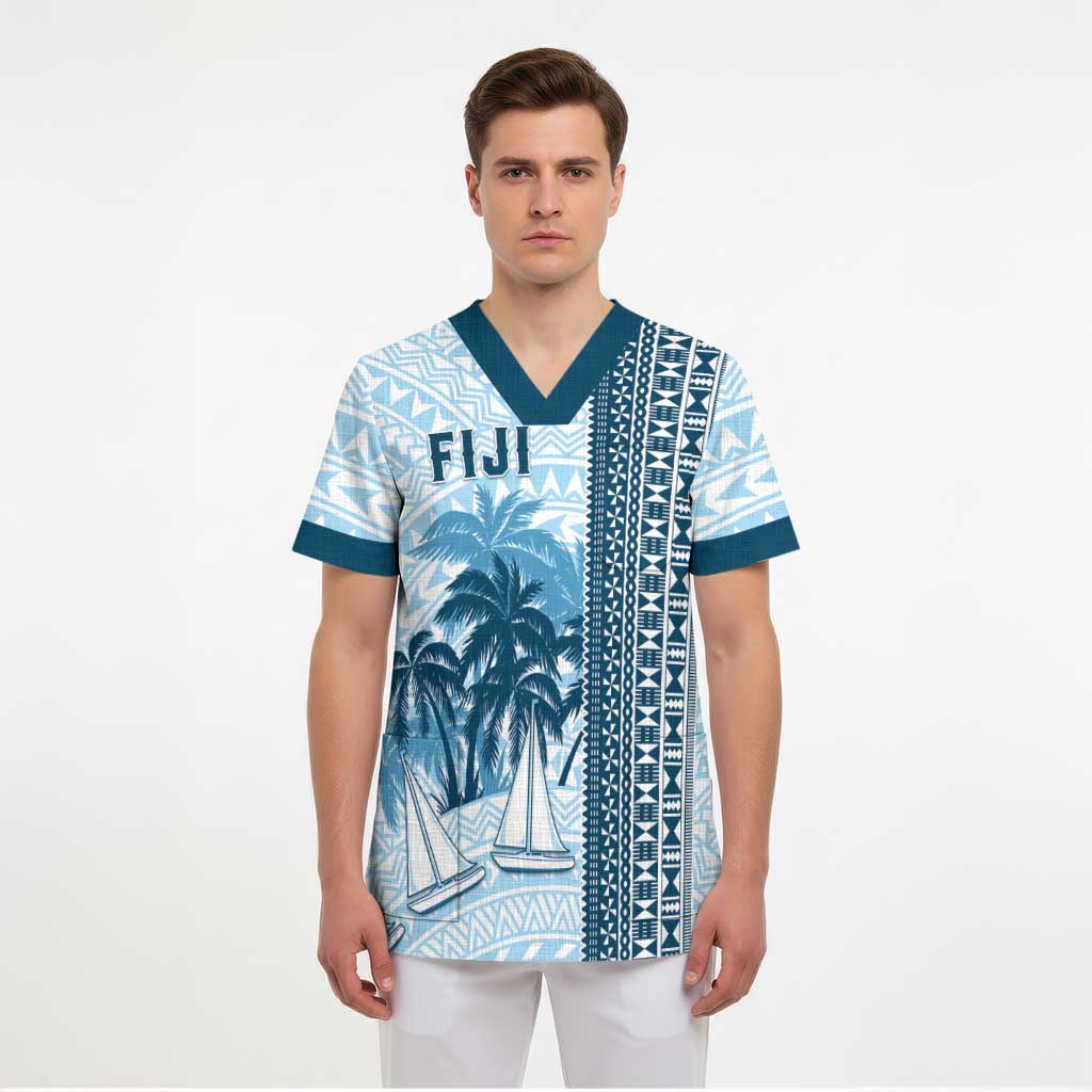 Custom Fiji Regatta Scrub Top Palm Tree Tapa Pattern - Polynesian Pride