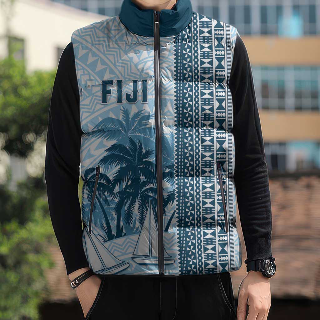 Custom Fiji Regatta Sleeveless Puffer Jacket Palm Tree Tapa Pattern - Polynesian Pride
