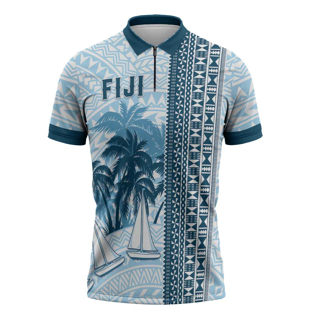 Custom Fiji Regatta Zipper Polo Shirt Palm Tree Tapa Pattern LT05 Blue - Polynesian Pride