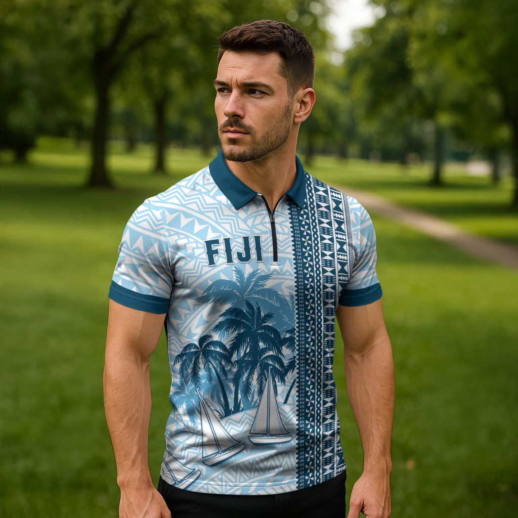 Custom Fiji Regatta Zipper Polo Shirt Palm Tree Tapa Pattern LT05 - Polynesian Pride