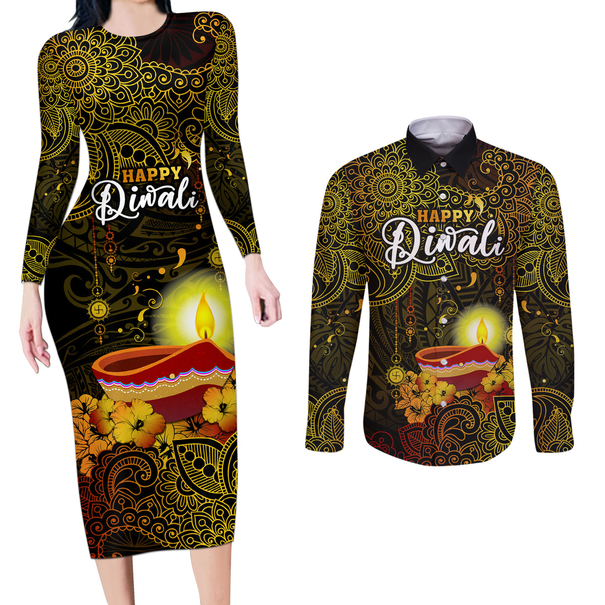 Happy Diwali Festival Couples Matching Long Sleeve Bodycon Dress and Long Sleeve Button Shirts Diya Lamp Hibiscus Polynesian Pattern LT05 Yellow - Polynesian Pride