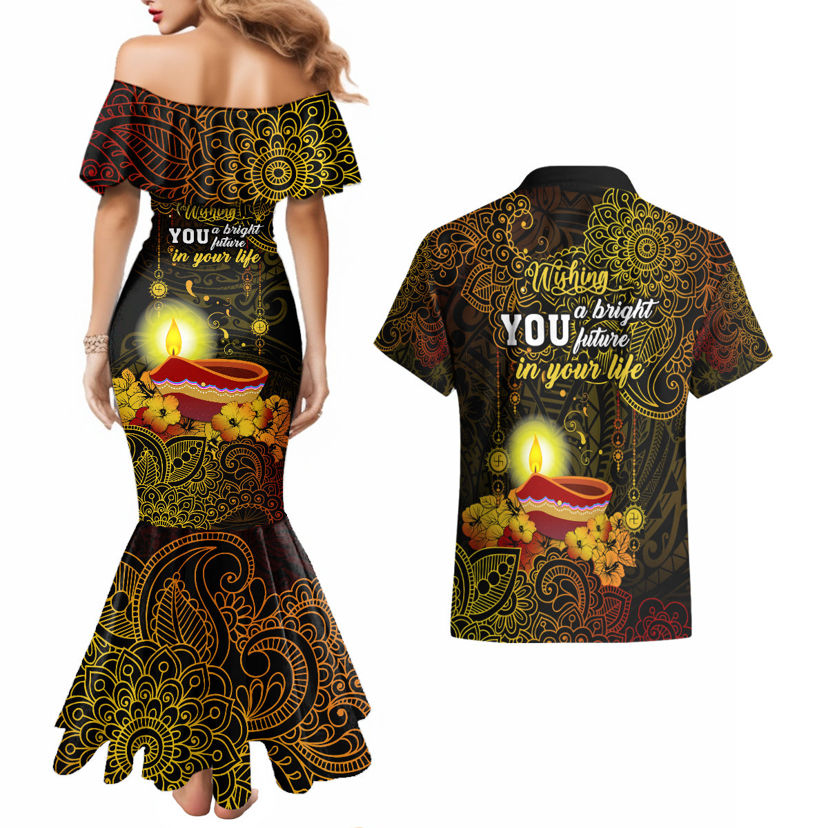 happy-diwali-festival-couples-matching-mermaid-dress-and-hawaiian-shirt-diya-lamp-hibiscus-polynesian-pattern
