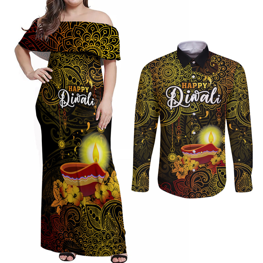 Happy Diwali Festival Couples Matching Off Shoulder Maxi Dress and Long Sleeve Button Shirts Diya Lamp Hibiscus Polynesian Pattern LT05 Yellow - Polynesian Pride