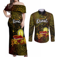 Happy Diwali Festival Couples Matching Off Shoulder Maxi Dress and Long Sleeve Button Shirts Diya Lamp Hibiscus Polynesian Pattern LT05 Yellow - Polynesian Pride