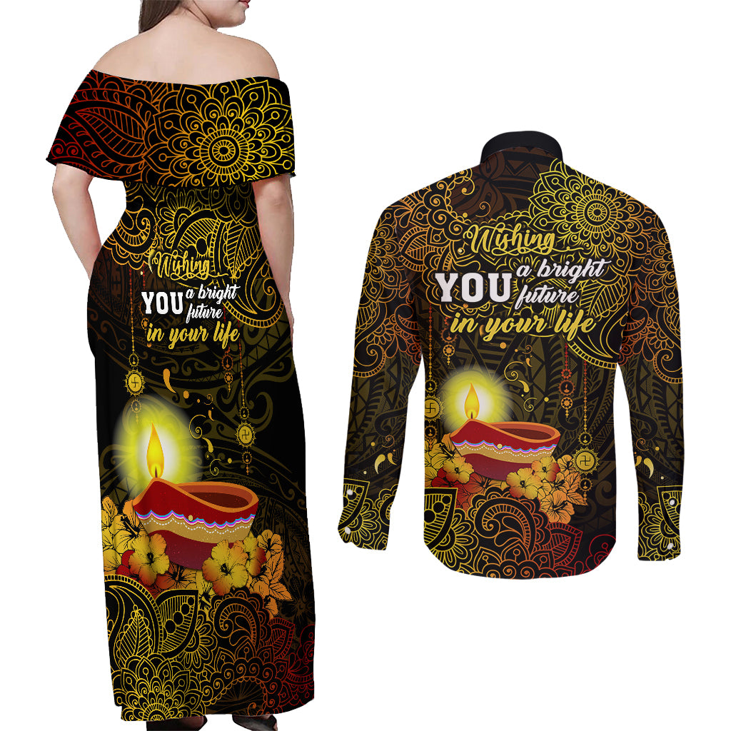 Happy Diwali Festival Couples Matching Off Shoulder Maxi Dress and Long Sleeve Button Shirts Diya Lamp Hibiscus Polynesian Pattern LT05 - Polynesian Pride
