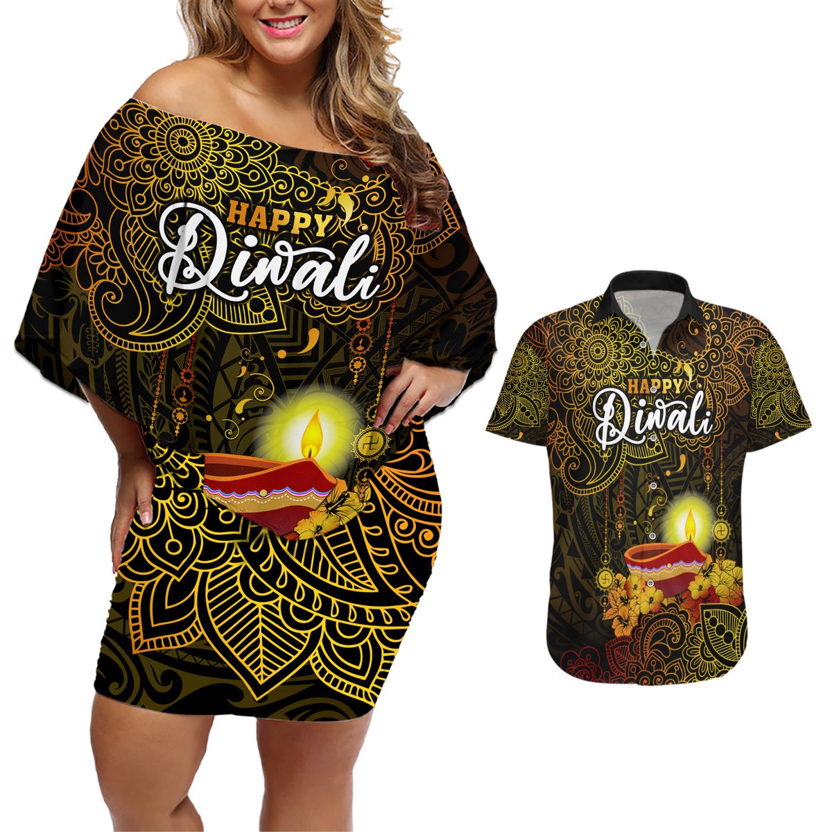 Happy Diwali Festival Couples Matching Off Shoulder Short Dress and Hawaiian Shirt Diya Lamp Hibiscus Polynesian Pattern LT05 Yellow - Polynesian Pride