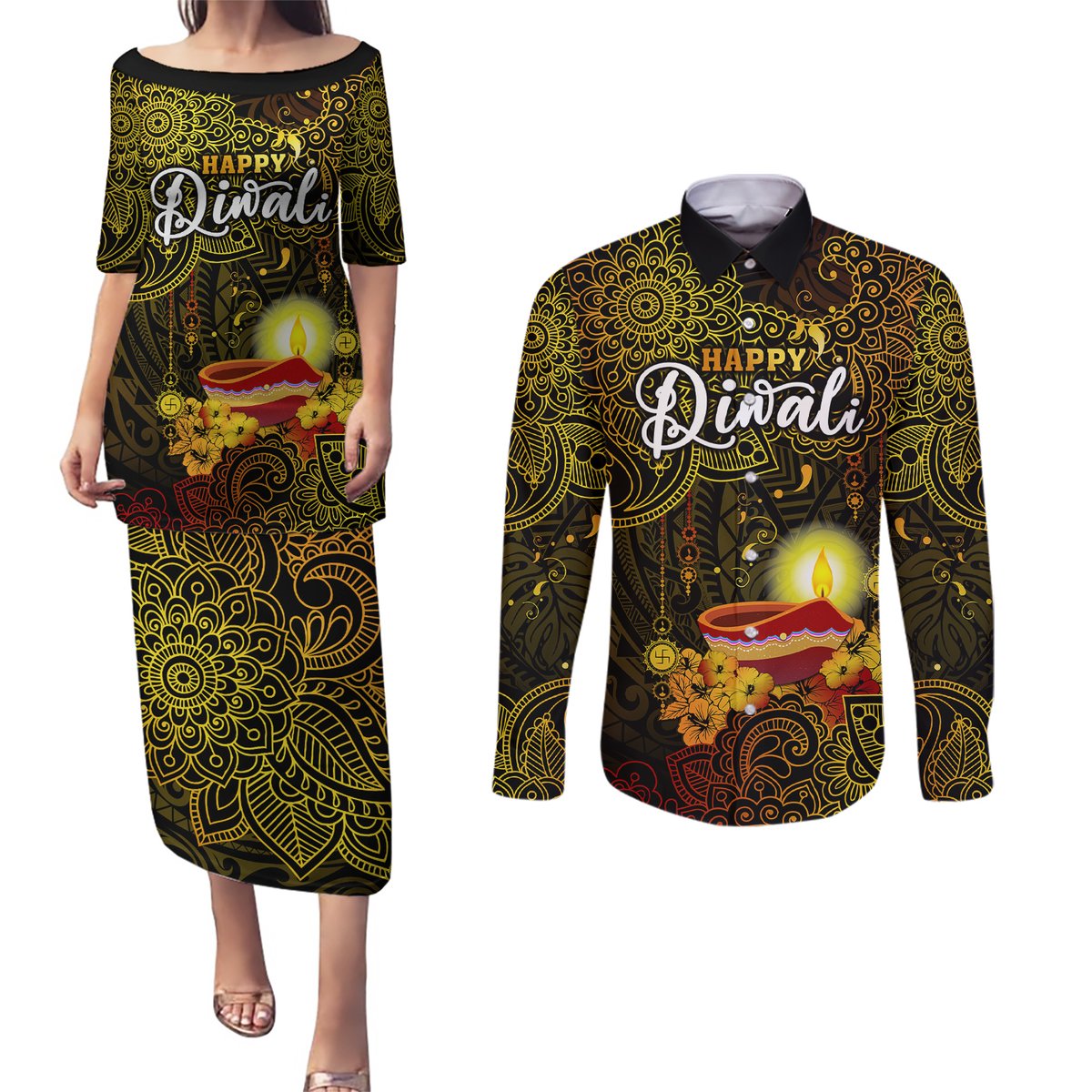 Happy Diwali Festival Couples Matching Puletasi Dress and Long Sleeve Button Shirts Diya Lamp Hibiscus Polynesian Pattern LT05 Yellow - Polynesian Pride