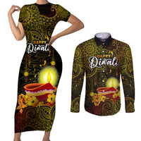 happy-diwali-festival-couples-matching-short-sleeve-bodycon-dress-and-long-sleeve-button-shirts-diya-lamp-hibiscus-polynesian-pattern