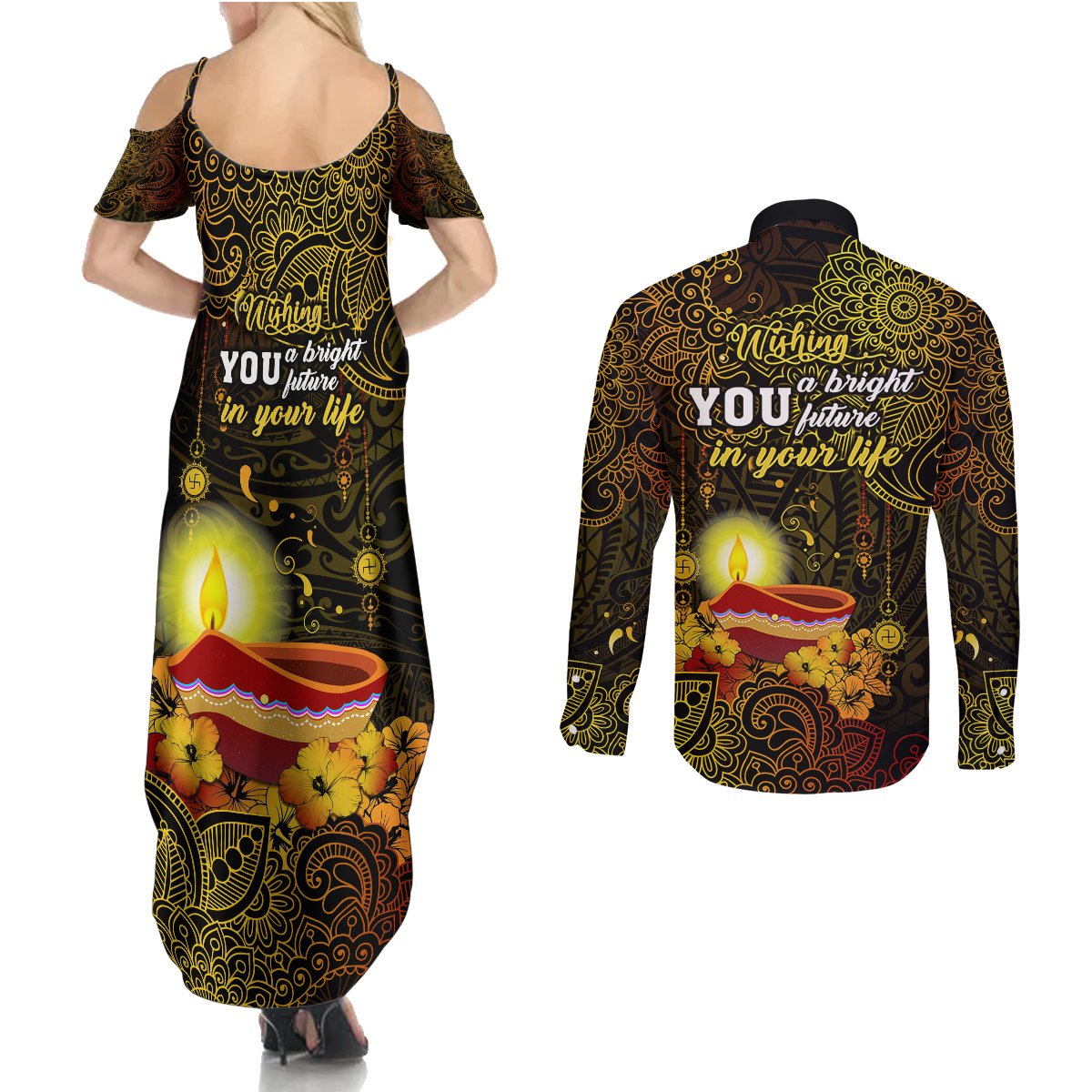 Happy Diwali Festival Couples Matching Summer Maxi Dress and Long Sleeve Button Shirts Diya Lamp Hibiscus Polynesian Pattern LT05 - Polynesian Pride