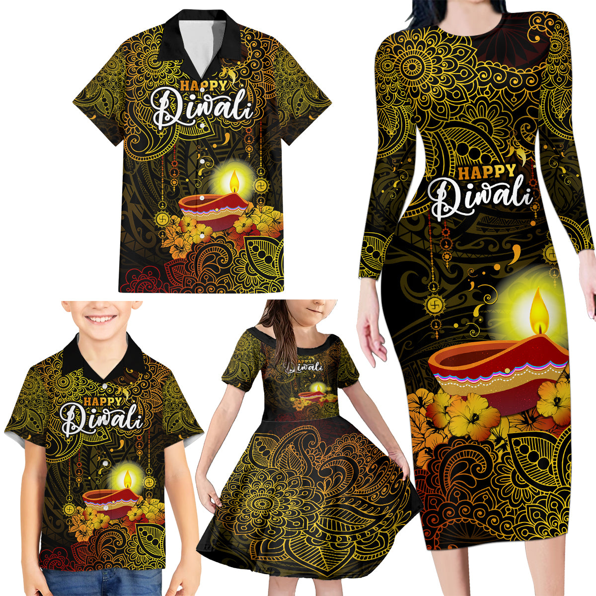 Happy Diwali Festival Family Matching Long Sleeve Bodycon Dress and Hawaiian Shirt Diya Lamp Hibiscus Polynesian Pattern LT05 - Polynesian Pride