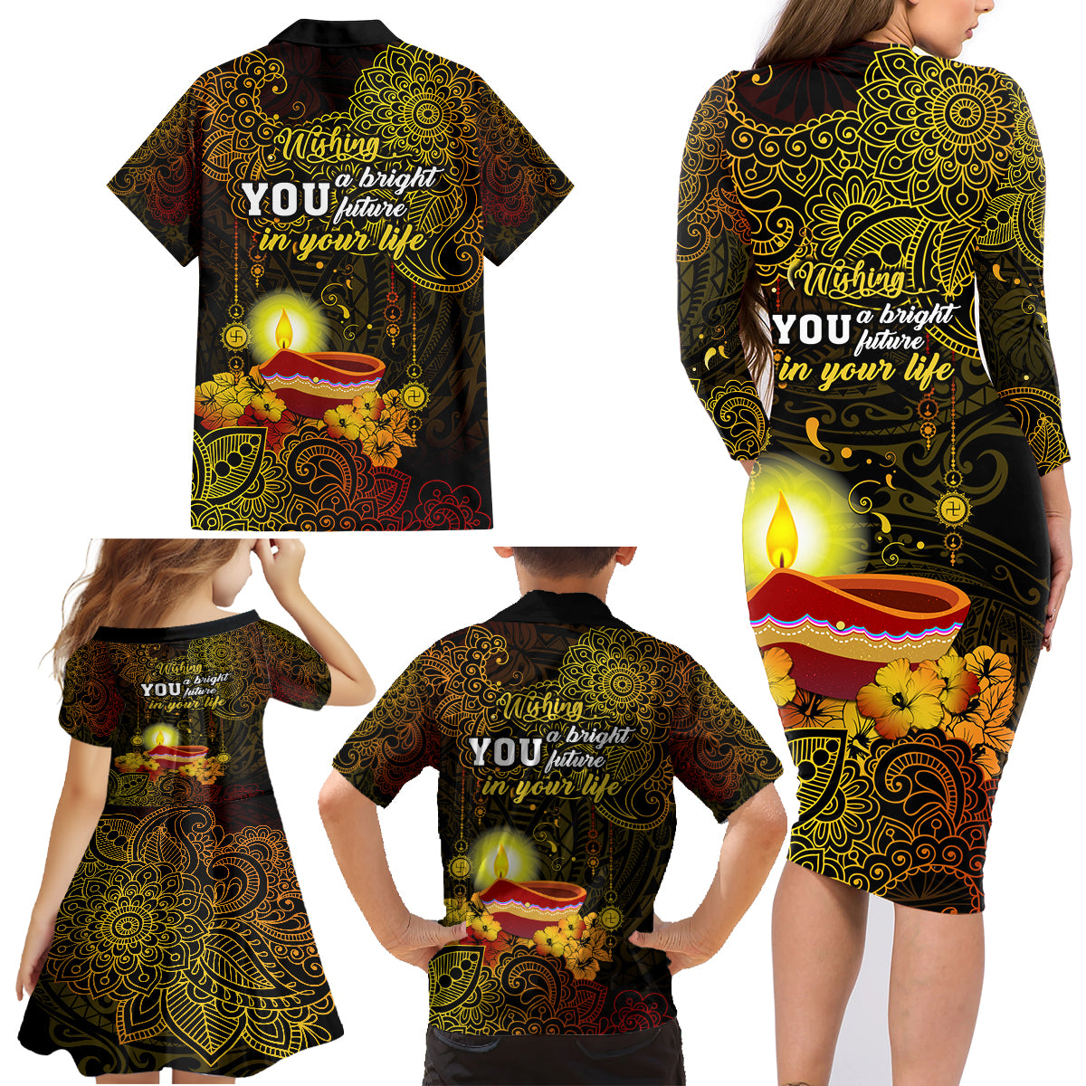 Happy Diwali Festival Family Matching Long Sleeve Bodycon Dress and Hawaiian Shirt Diya Lamp Hibiscus Polynesian Pattern LT05 - Polynesian Pride