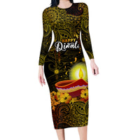 Happy Diwali Festival Family Matching Long Sleeve Bodycon Dress and Hawaiian Shirt Diya Lamp Hibiscus Polynesian Pattern LT05 Mom's Dress Yellow - Polynesian Pride