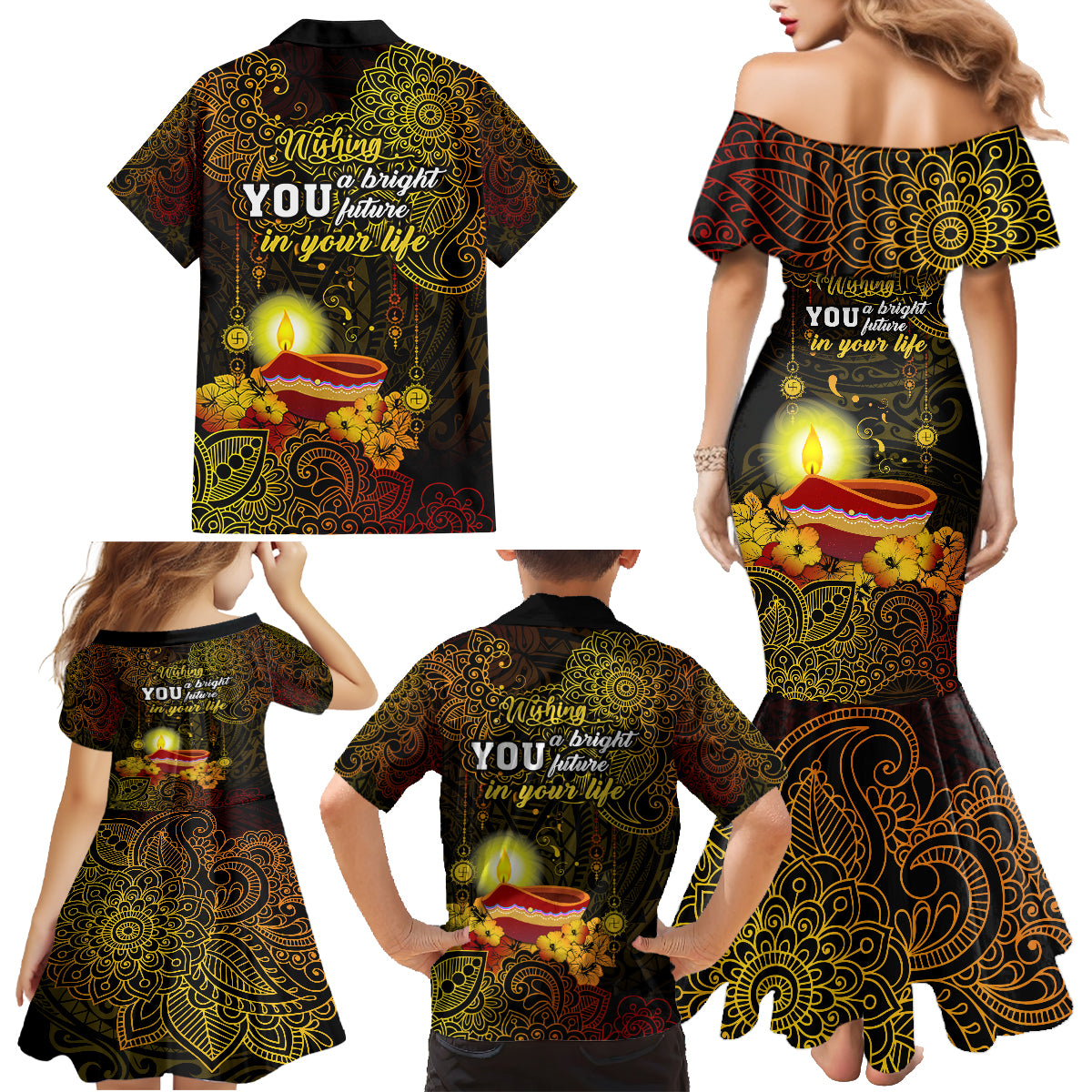 Happy Diwali Festival Family Matching Mermaid Dress and Hawaiian Shirt Diya Lamp Hibiscus Polynesian Pattern LT05 - Polynesian Pride