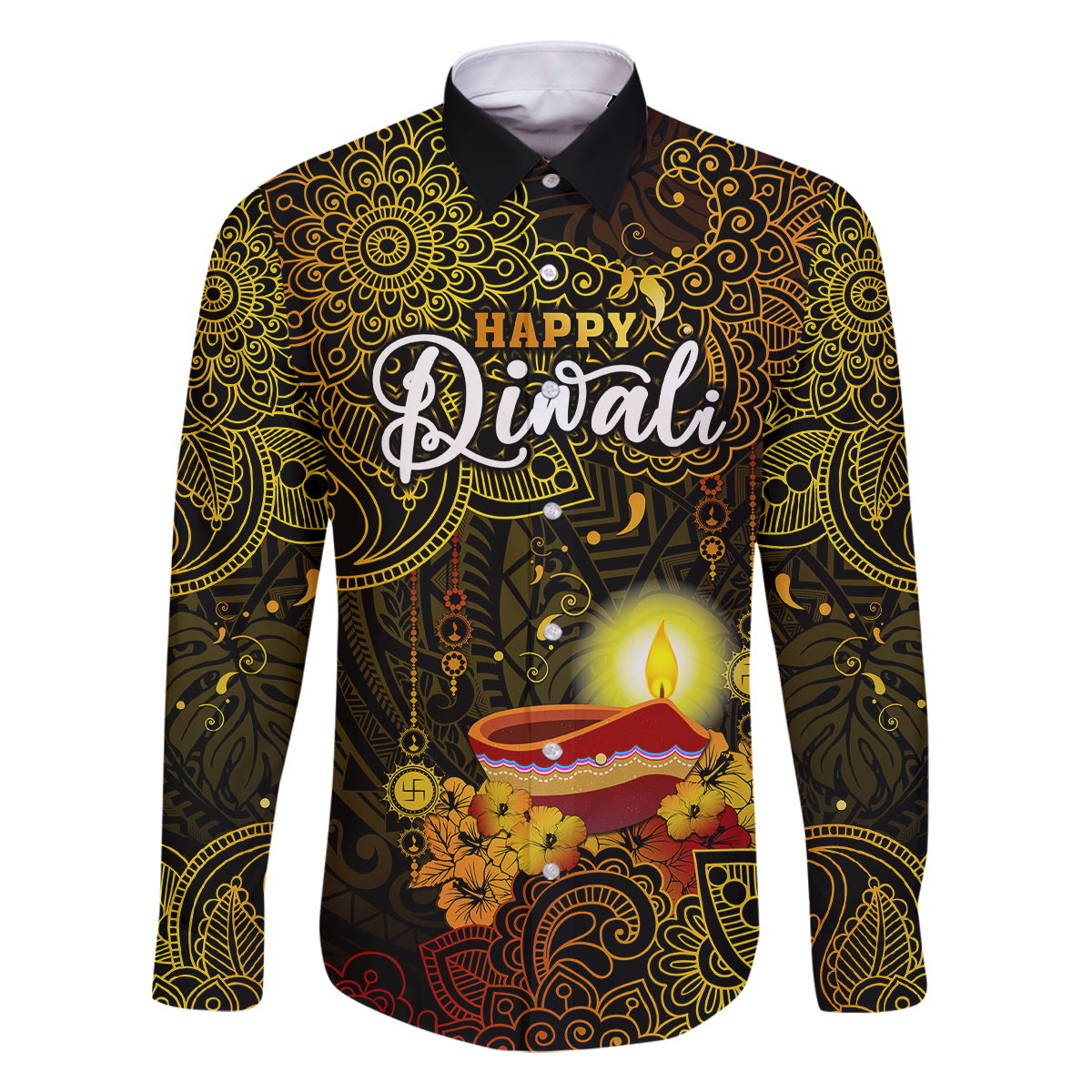 Happy Diwali Festival Family Matching Off Shoulder Maxi Dress and Hawaiian Shirt Diya Lamp Hibiscus Polynesian Pattern LT05 Dad's Shirt - Short Sleeve Yellow - Polynesian Pride