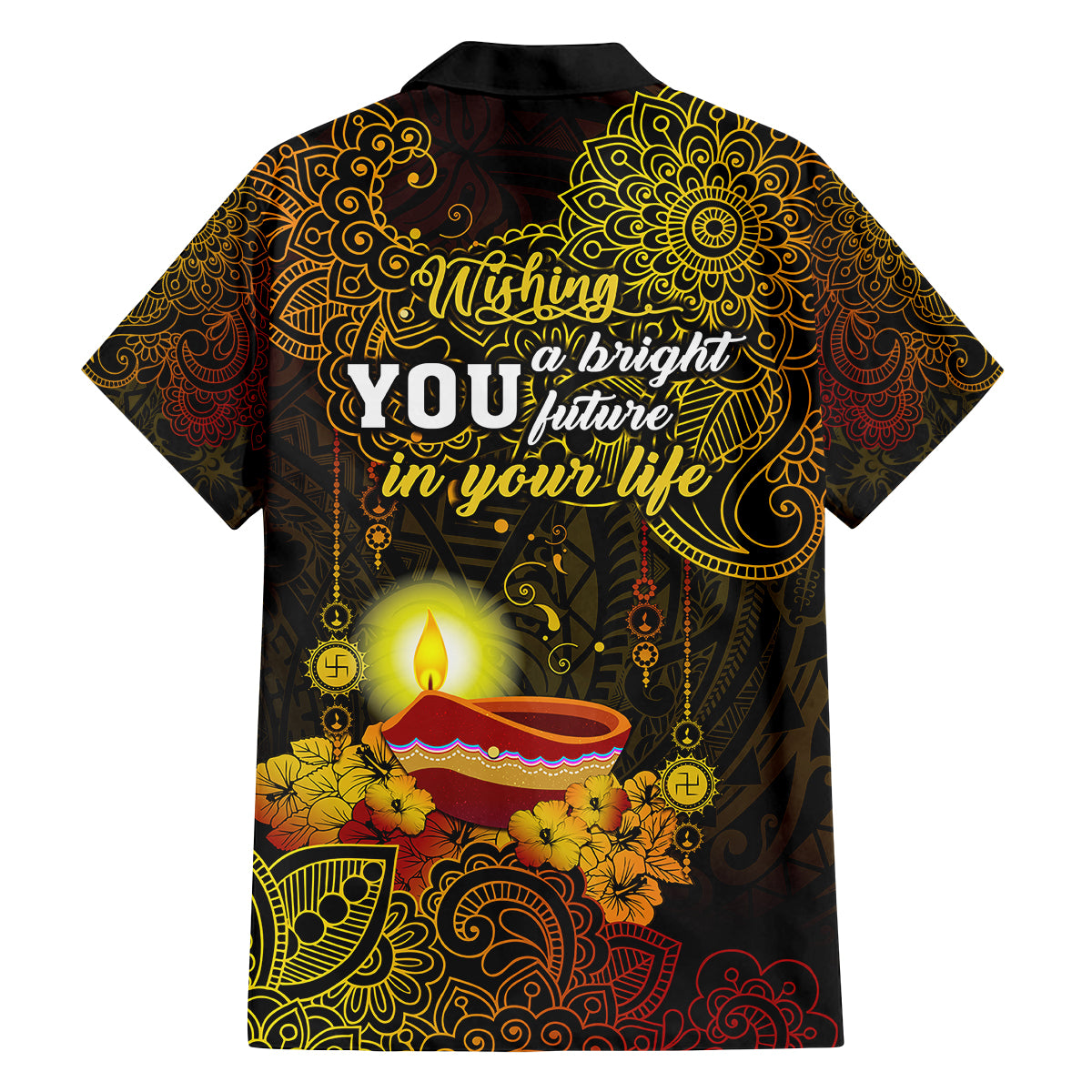 Happy Diwali Festival Family Matching Off Shoulder Short Dress and Hawaiian Shirt Diya Lamp Hibiscus Polynesian Pattern LT05 - Polynesian Pride