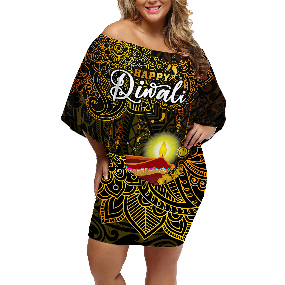 Happy Diwali Festival Family Matching Off Shoulder Short Dress and Hawaiian Shirt Diya Lamp Hibiscus Polynesian Pattern LT05 Mom's Dress Yellow - Polynesian Pride
