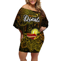 Happy Diwali Festival Family Matching Off Shoulder Short Dress and Hawaiian Shirt Diya Lamp Hibiscus Polynesian Pattern LT05 Mom's Dress Yellow - Polynesian Pride