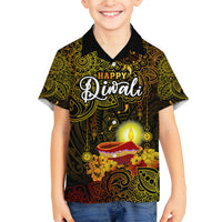 Happy Diwali Festival Family Matching Off Shoulder Short Dress and Hawaiian Shirt Diya Lamp Hibiscus Polynesian Pattern LT05 Son's Shirt Yellow - Polynesian Pride