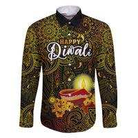 Happy Diwali Festival Family Matching Summer Maxi Dress and Hawaiian Shirt Diya Lamp Hibiscus Polynesian Pattern LT05 Dad's Shirt - Long Sleeve Yellow - Polynesian Pride