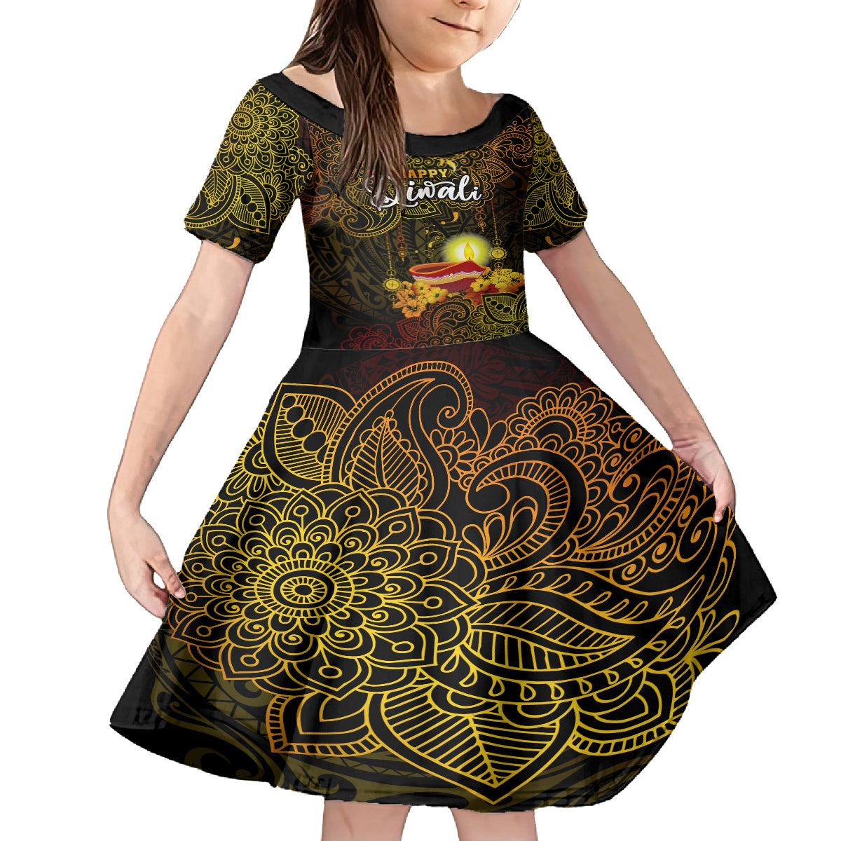 Happy Diwali Festival Family Matching Tank Maxi Dress and Hawaiian Shirt Diya Lamp Hibiscus Polynesian Pattern LT05 Daughter's Dress Yellow - Polynesian Pride