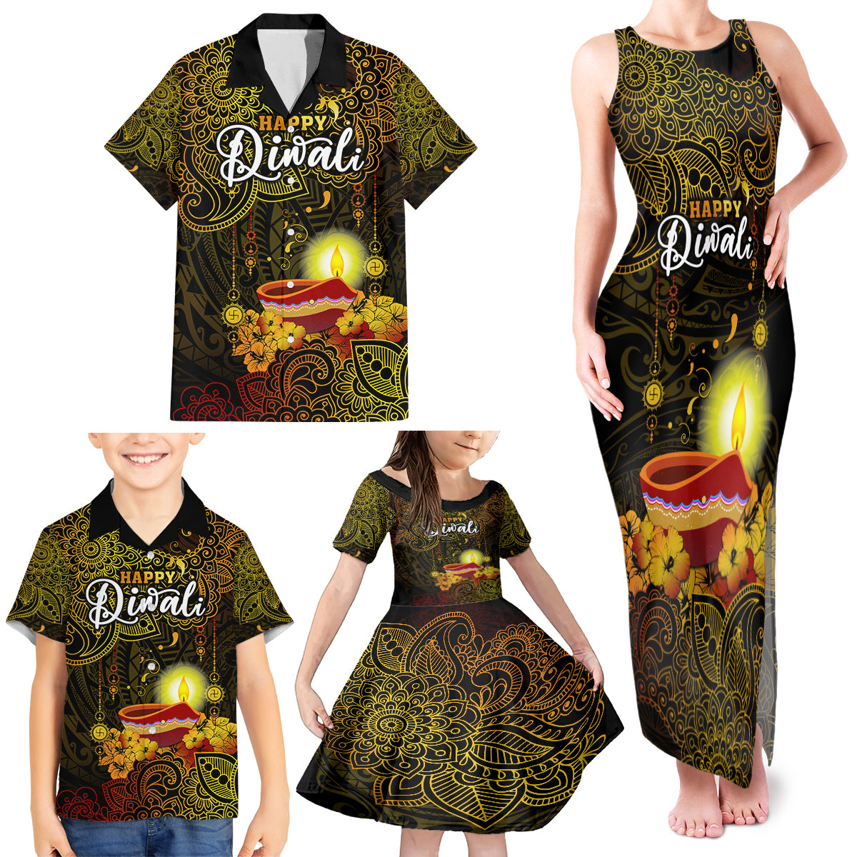 Happy Diwali Festival Family Matching Tank Maxi Dress and Hawaiian Shirt Diya Lamp Hibiscus Polynesian Pattern LT05 - Polynesian Pride
